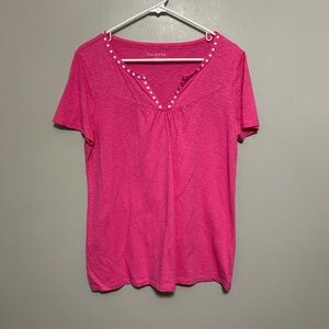 Talbots Women's Blouse M Pink White Polka Dot V Neck Casual T-Shirt Short Sleeve